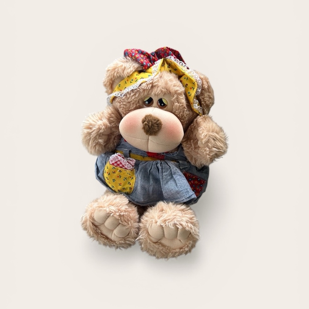 Rare vintage Country bears plush bear with bonnet sundress 1985 cottagecore